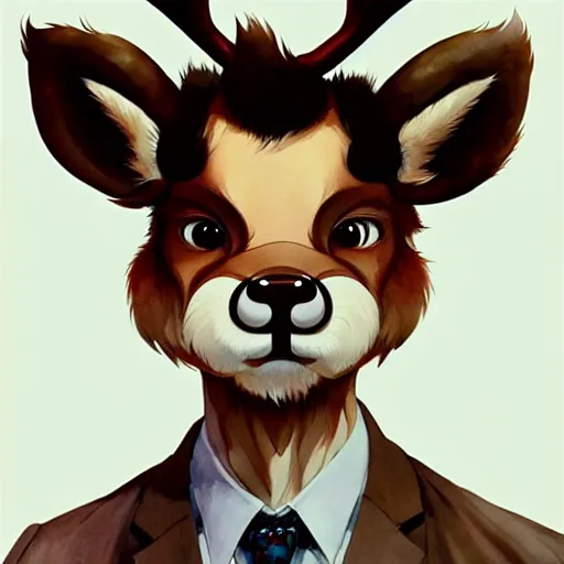 Image similar to character design portrait of a stupid chinese anthropomorphic furry deer man with deer ears, short brown hair, wearing a suits, looking at the camera, 4 k, concept art, by wlop, wenjun lin, watercolor, ilya kuvshinov, artgerm, krenz cushart, pixiv.