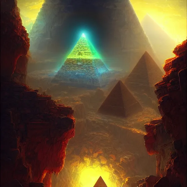 Image similar to the illuminati eye opening up from an orb above a pyramid, a fantasy magical landscape seen in the distance, atmospheric lighting, intricate, volumetric lighting, beautiful, sharp focus, ultra detailed, in the art style of marc simonetti, bowater charlie and brom gerald, astrophotography
