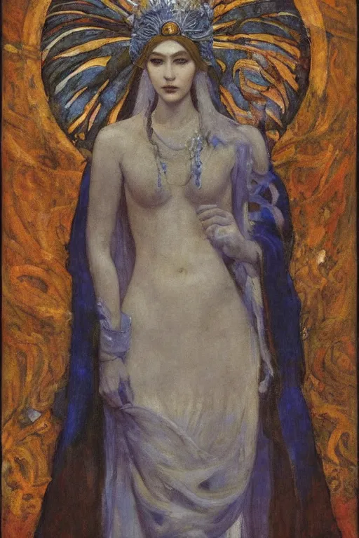 Image similar to queen of winter by Annie Swynnerton and Nicholas Roerich, strong dramatic cinematic lighting , ornate headdress , flowing robes, lost civilizations, smooth, sharp focus, extremely detailed