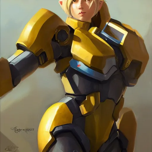 Image similar to greg manchess portrait painting of armored zero suit samus aran as overwatch character, medium shot, asymmetrical, profile picture, organic painting, sunny day, matte painting, bold shapes, hard edges, street art, trending on artstation, by huang guangjian, gil elvgren, ruan jia, greg rutkowski, gaston bussiere