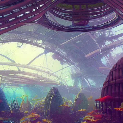 Prompt: underwater city wide angle kelp trees, retro futuristic, domes in the style of dinotopia, Yanjun Cheng and Hsiao-R