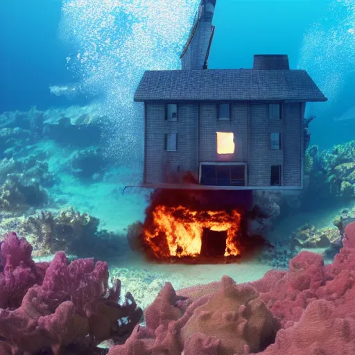 Image similar to a house burning underwater, with a humanois robot standing out to it, 8 k resolution, colorful, mariana trench