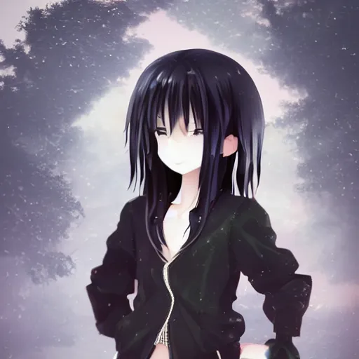 Image similar to 1 7 - year - old anime goth girl, black hair, long bob cut, long bangs, gothic coat, long bangs, united kingdom, rainy day, small town, midlands, english village, street scene, ultra - realistic, sharp details, cold lighting, blue and gray colors, intricate details, subsurface scattering, hd anime, 2 0 1 9 anime