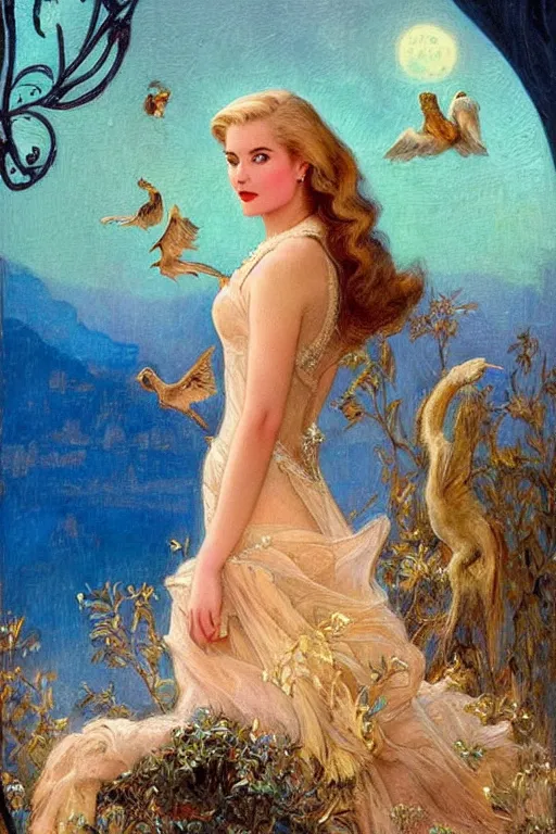 Prompt: A young Grace Kelly explaining the birds and the bees in the style of Gaston Bussière, art nouveau, art deco. Lush detail. Night scene well lit by moonlight. Perfect composition and lighting. Award-winning mixed media photograph f1.8. Surreal architecture from the future. A shaft of light illuminates her.