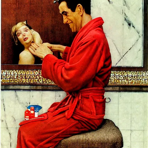 Image similar to a red dragon wearing a bathrobe in a spa, by Norman Rockwell