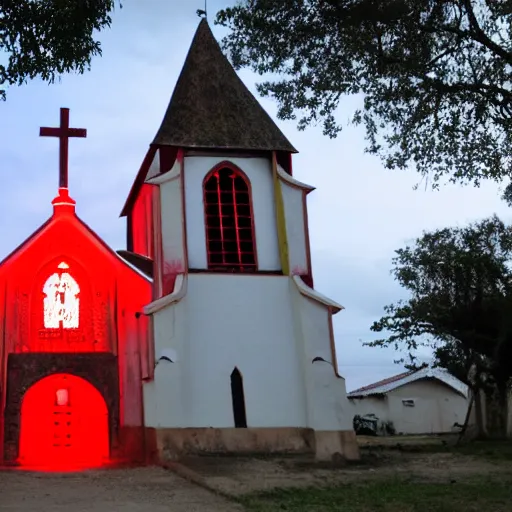 Prompt: church of biboran, man's with red glowing eyes