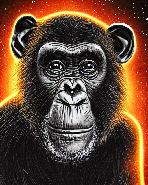 Image similar to very detailed high resolution illustration portrait of a chimpanzee head floating in space, backlit, night covered in stars, 3 d, 8 k, extremely detailed, artstation, furaffinity award winning, sharp focus, illustration, intimidating lighting