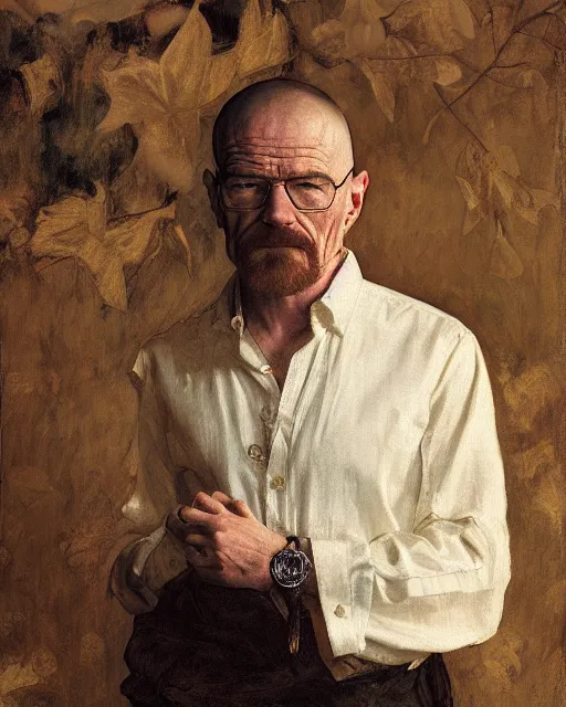 Image similar to walter white, portrait painting by richard schmid, edgar maxence, kehinde wiley, thomas moran, maxfield parrish, studio ghibli, loish, alphonse mucha, fashion photography