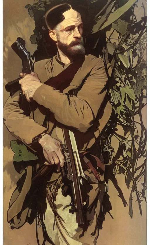 Prompt: portrait of John Brown holding a rifle, lithograph by Alphonse Mucha and Greg Rutkowski and David Lozeau