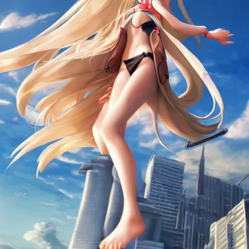 Image similar to bird perspective : a giant macro very beautiful young yuuki asuna, full body, long wavy blond hair, sky blue eyes, full round face,, bikini, miniskirt, stepping on a miniature city, cinematic wallpaper by stanley artgerm lau