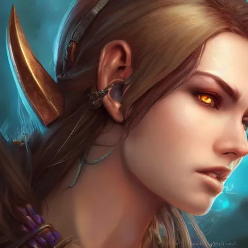 Image similar to world of warcraft human female character portrait, close up, concept art, intricate details, highly detailed photorealistic portrait by michael komarck, adam hughes, seseon yoon, artgerm and warren louw