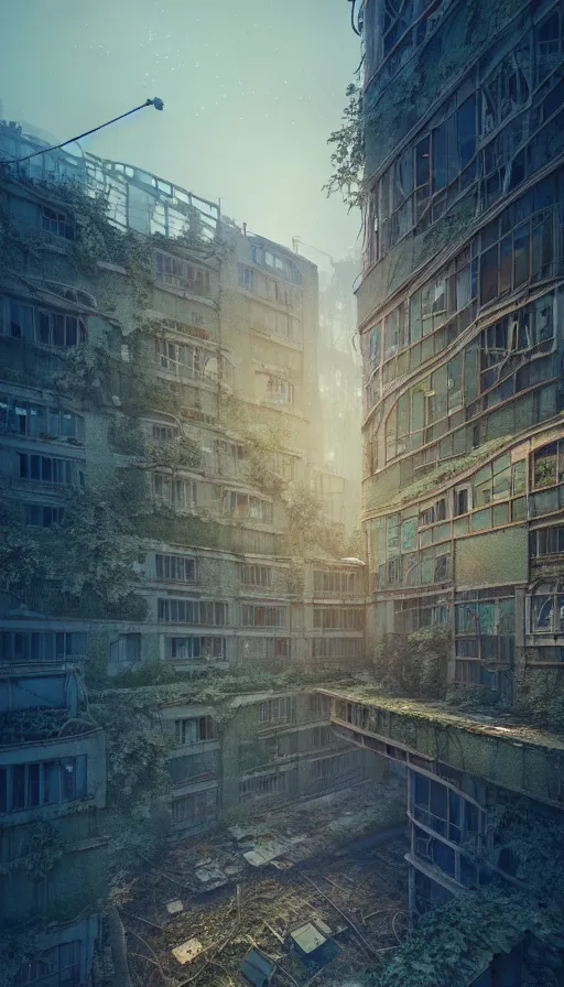 Prompt: a beautiful hyperdetailed illustration of port urbex building industrial architecture abandoned nature city architecture unfinished building by mike winkelmann, at dawn, archdaily, wallpaper, highly detailed, trending on artstation.