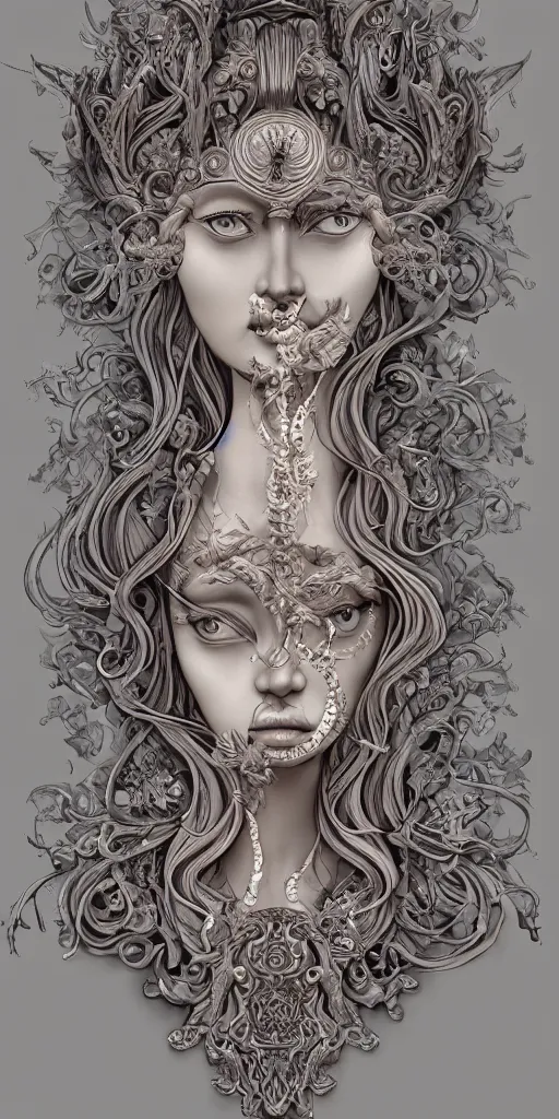 Prompt: a sculpture of mythical creatures, elegant and beautiful female face with her third eye open, carved in a stone alter, intricate, elegant, highly detailed, digital painting by audrey kawasaki, artstation, concept art, ambient occlusion, smoke, foggy vray render,