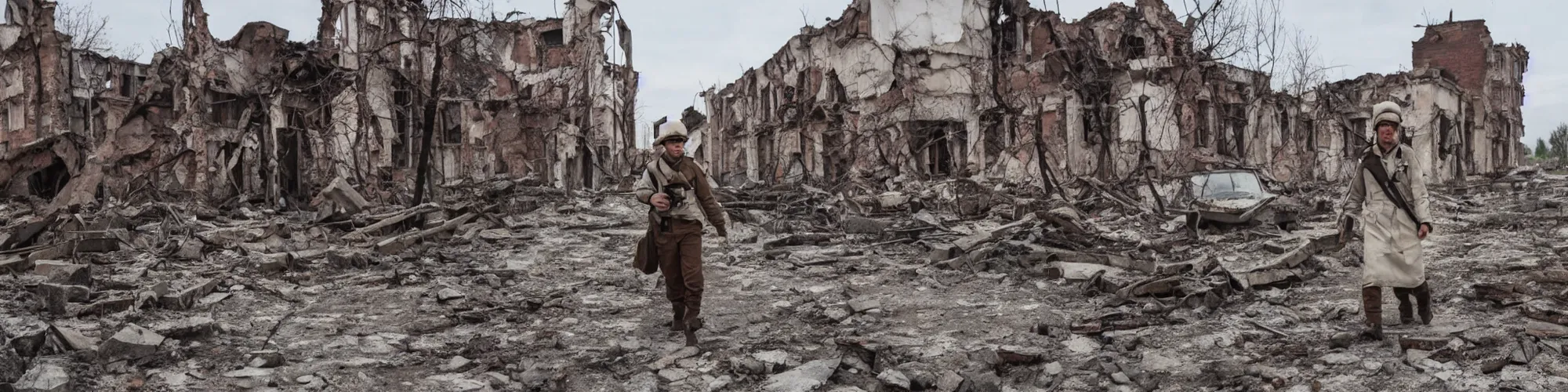 Prompt: cute anthropomorphic cat field medic walking through ruins of soviet-era city. 8k cinematic lighting, hyper realistic