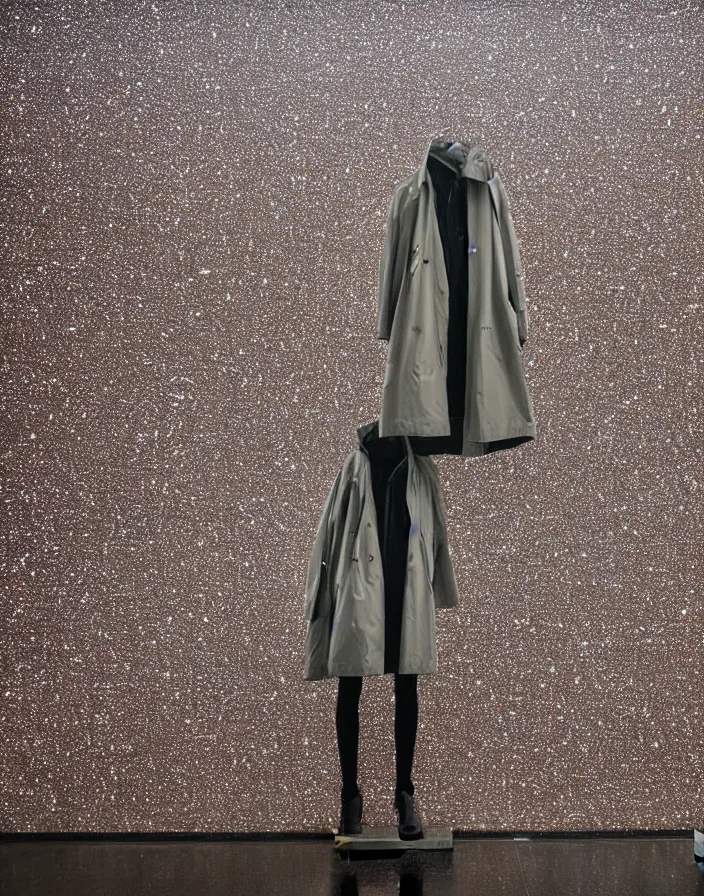 Image similar to close - up portrait of an empty slick fashionable zara raincoat floating suspended mid - air on a glittering rainy display designed by james terrell, wes anderson, symmetry, rule of thirds