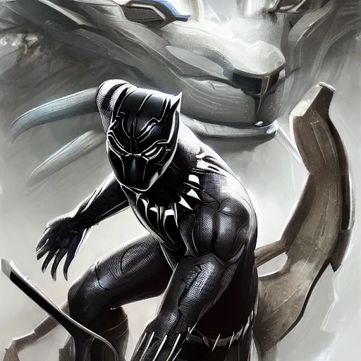 Image similar to a finely detailed portrait of Black Panther, clothed in futuristic battle armor, olive skin, long dark hair, beautiful bone structure, symmetrical facial features, intricate, elegant, digital painting, trending on Artstation, concept art, smooth, sharp focus, illustration, from Metal Gear by Ruan Jia and Mandy Jurgens and Artgerm and and william-adolphe bouguerea, award winning