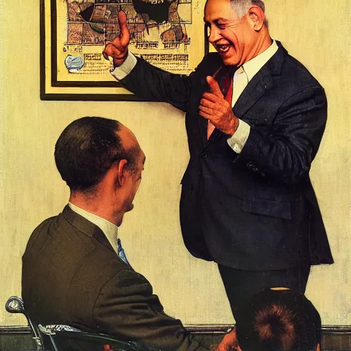 Prompt: benjamin netanyahu laughing and pointing at screen, by norman rockwell
