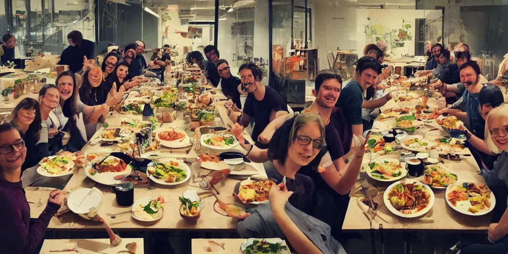 Prompt: painting of work colleagues of a design studio get together to feast on a big table with lots of food