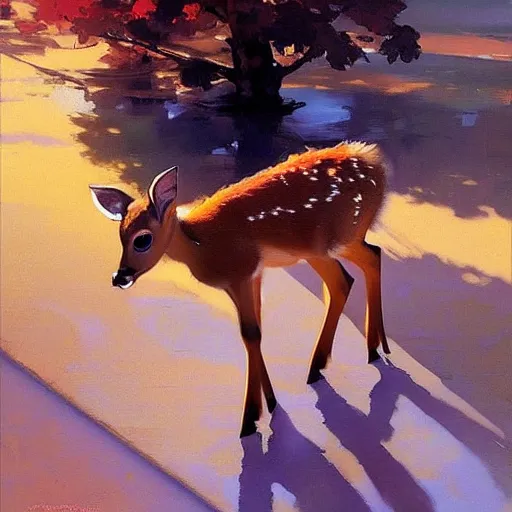 Prompt: baby deer, by studio ghibli painting, by joaquin sorolla rhads leyendecker, an aesthetically pleasing, dynamic, energetic, lively, well - designed digital art, by ohara koson and thomas kinkade, traditional japanese colors, superior quality, masterpiece