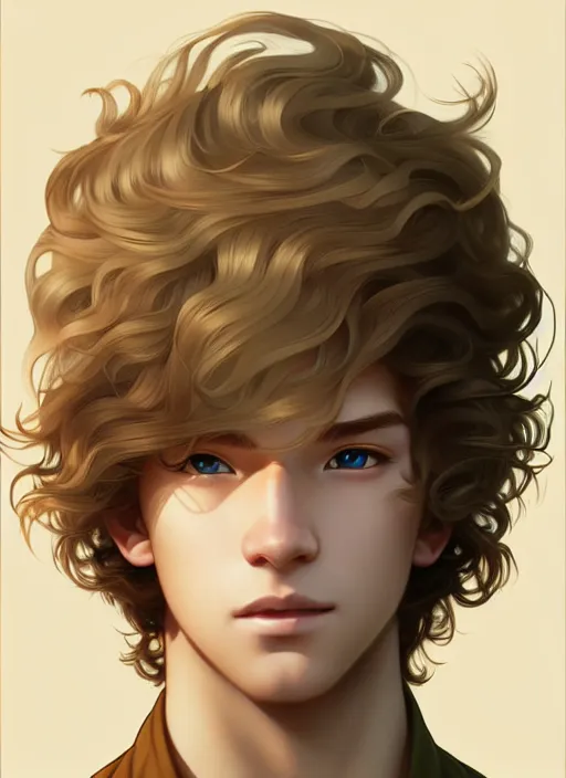 Image similar to young man with medium - length, curly, golden hair, aquamarine eyes, natural lighting, path traced, highly detailed, high quality, cartoon, digital painting, by new haicheng and ross tran and studio ghibli and alphonse mucha