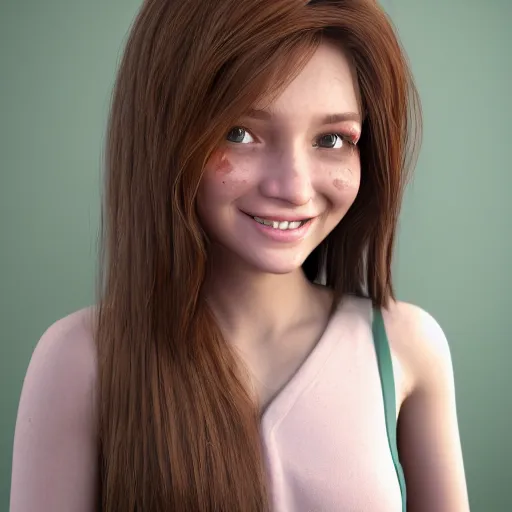 Image similar to Photograph of April, a cute 3D young woman, long shiny bronze brown hair, full round face, green eyes, medium skin tone, light cute freckles, light blush, smiling softly, wearing casual clothing, interior lighting, cozy living room background, medium shot, mid-shot, hyperdetailed, hyperreal, trending on Artstation, Unreal Engine 4k