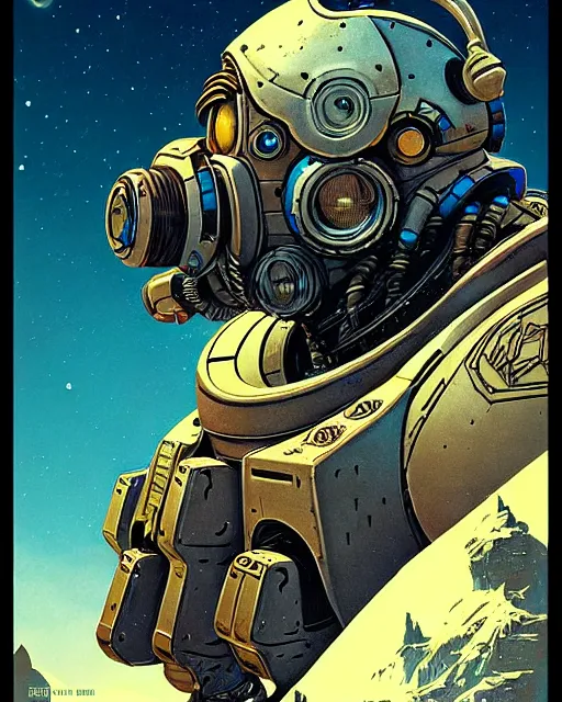 Image similar to torbjorn from overwatch, character portrait, portrait, close up, concept art, intricate details, highly detailed, vintage sci - fi poster, retro future, vintage sci - fi art, in the style of chris foss, rodger dean, moebius, michael whelan, and gustave dore