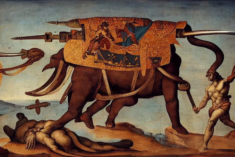 Prompt: “a Hellenistic painting of Lockheed Martin designed war elephants with missiles strapped to them, virtuoso, masterpiece, 8k, Michelangelo”