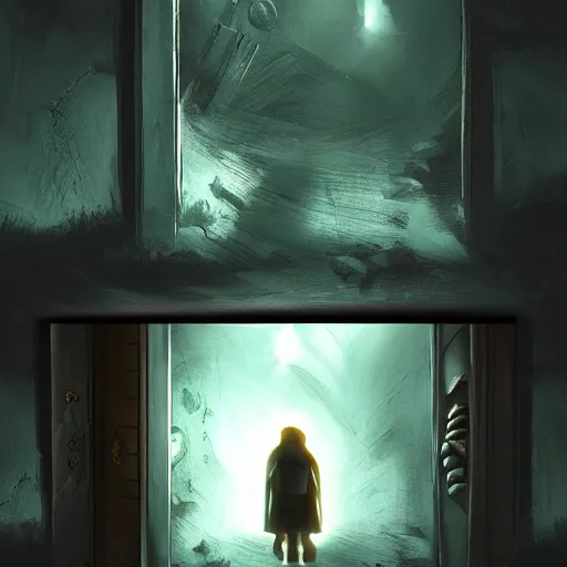 Prompt: A door to a forbidden world, Grimm, dark, somber, cinematic lighting