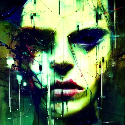 Prompt: a dark cyberpunk dream of wires broken skulls skin cybernetic machines and decay moody hyperrealism 8 k photo atmospheric by jeremy mann, francis bacon and agnes cecile, ink drips paint smears digital glitches glitchart