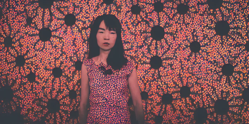 Prompt: cyberpunk girl, vintage style, wrapped in flowers and wired, in the style of yayoi kusama, sigma 8 5 mm f 1. 8