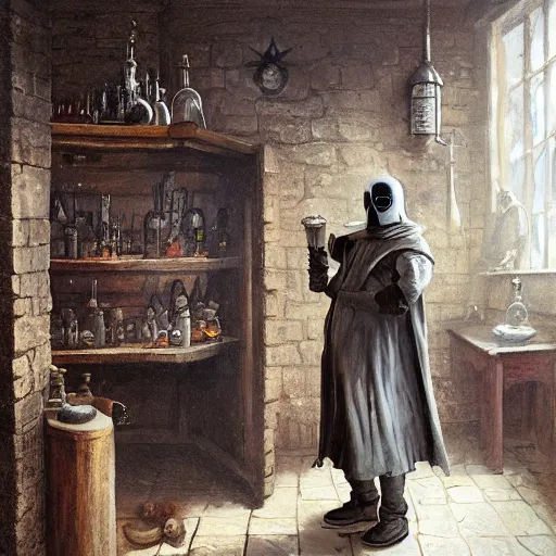 Prompt: plague doctor working in medieval apothecary, beak, gloves, magical alchemy laboratory, oil painting, by Greg Rutkowski