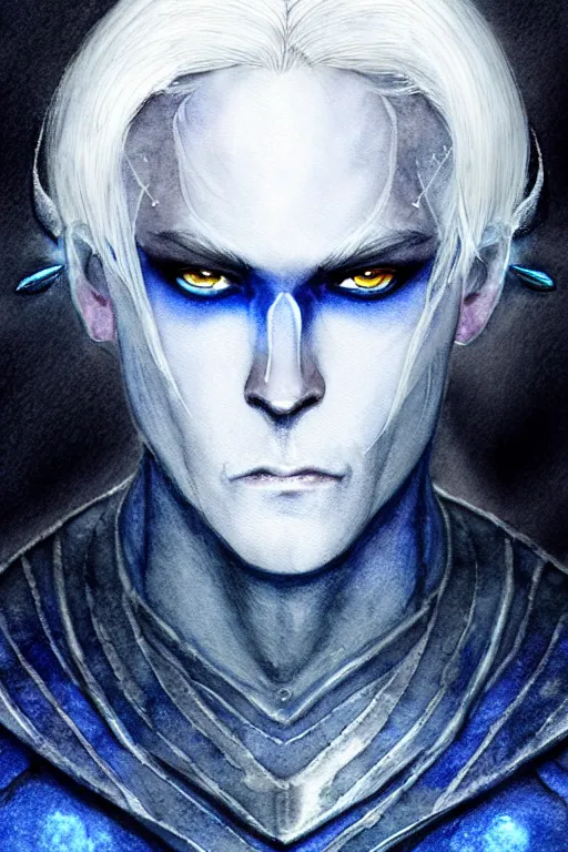 Prompt: male drow with white hair in a pony tail and a goatee and glowing blue eyes wearing black leather armor, fantasy, intricate, elegant, highly detailed, digital painting, artstation, concept art, matte, sharp focus, distressed watercolor illustration, epic fantasy, moody, dark mood, digital watercolor painting