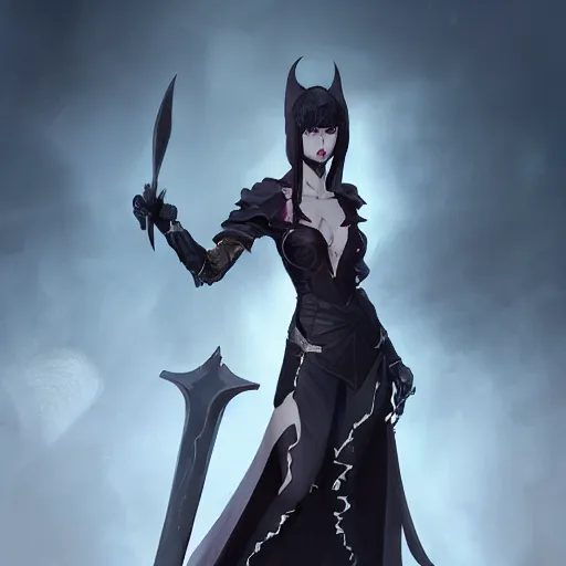 Prompt: female human vampire witch in fantasy armor holding a sword, in the style of greg rutkowski, makoto shinkai, trending on artstation, character design, concept art, pretty face, forward facing, highly detailed, digital art