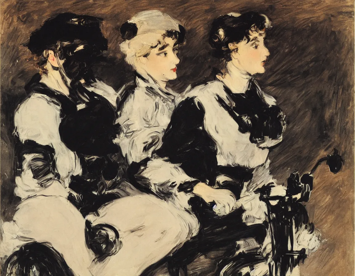 Prompt: edouard manet. a wide portrait of a woman all dressed in black, she is in profile turned her head towards the camera. seated on a dark motorcycle on a highway. there is another motorcycle blurred in the background. unprecise brush strokes. expressive. emotional.