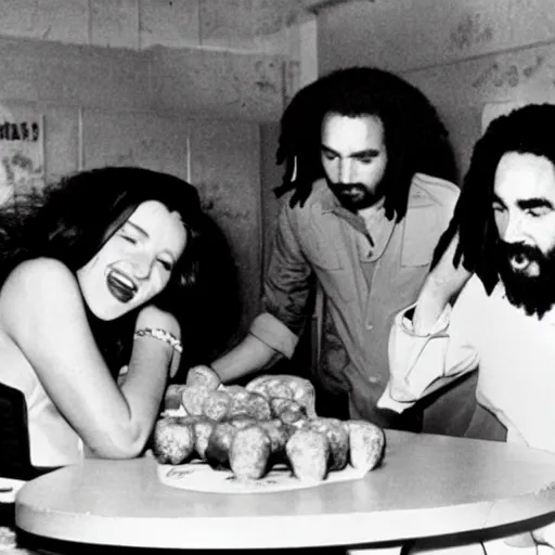 Prompt: Marilyn Monroe, Bob Marley and Charles Manson eating donuts in a cafe.