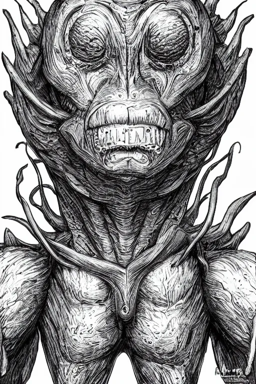 Image similar to humanoid figure banana monster, symmetrical, highly detailed, digital art, sharp focus, trending on art station, kentaro miura manga art style