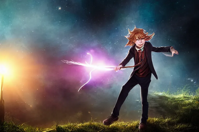 Image similar to a young adult wizard with very detailed face, hair clothes and shoes points their wand fiercely from which a blast of bright magic flies from the end of the wand, on an empty moonlit hill, dramatic lighting, lens flare, cinematic photography