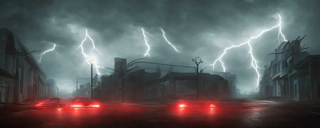 Prompt: Abandoned streets of America at night in the year 2600AD, dark and misty, evil, lightning storm, vibrant colors, by Stephen King, misty, moody, sinister, cinematic lighting, cinematic color grading, 8k render, hyperrealistic, ultra HD, Unreal Engine 5 render