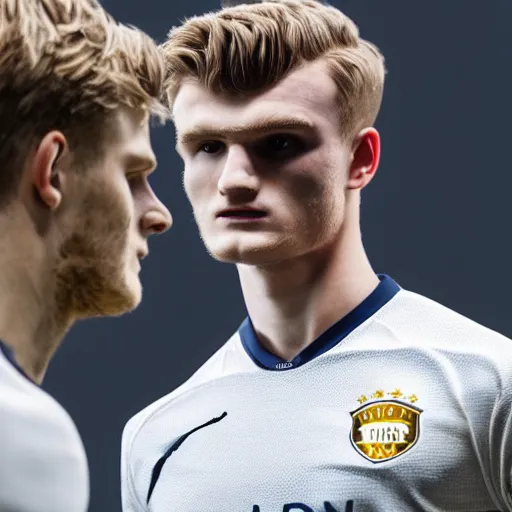 Image similar to a realistic detailed photo of a guy who is an attractive humanoid who is half robot and half humanoid, who is a male android, soccer players martin ødegaard & timo werner, shiny skin, posing like a statue, blank stare, in a factory, on display, showing off his muscles, gold soccer shorts, side view, looking at each other mindlessly