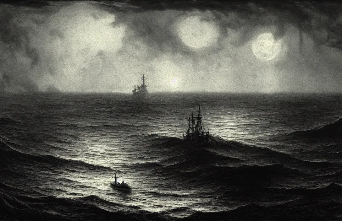 Image similar to excellent gesture and form ship ever further out to sea intact flawless ambrotype from 4 k criterion collection remastered cinematography gory horror film, ominous lighting, evil theme wow photo realistic postprocessing render by christopher soukup fusing a dream world of imagination with closely observed reality photograph by ansel adams painting by victor vasnetsov