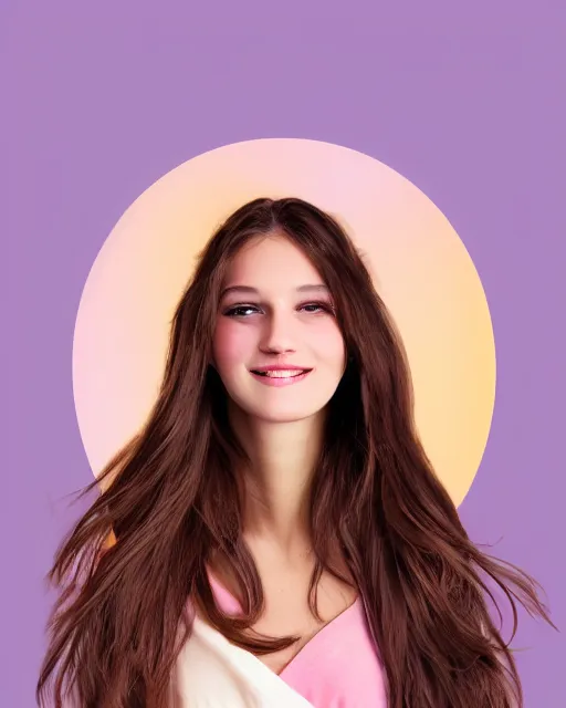 Prompt: beautiful italien woman, long brown hair, playful smile, mix between illustration and photo, backlit, pastel color gradients, soft lighting, sharp details