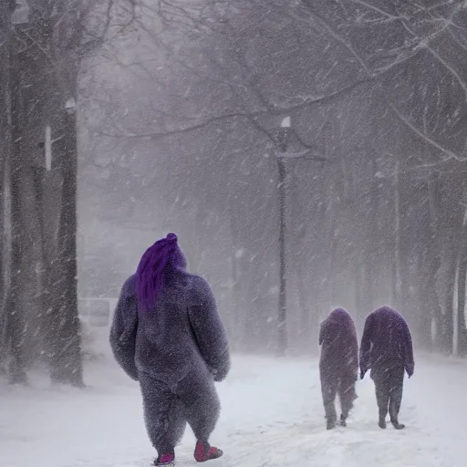 Prompt: a purple gorila and boy with colored dread hair walking in snow, 6 : 3 0 am, painted by michelangelo