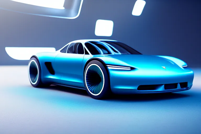 Image similar to futuristic ( porsche designed by apple ) on a track, natural light, detailed, canon eos c 3 0 0, ƒ 1. 8, octane render, 3 5 mm, 8 k, medium - format print, blue light accents