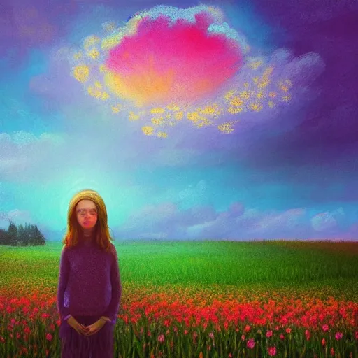 Prompt: large flower face, girl standing in a flower field, surreal photography, sunrise dramatic light, impressionist painting, colorful clouds, digital painting, pointillism, artstation, simon stalenhag