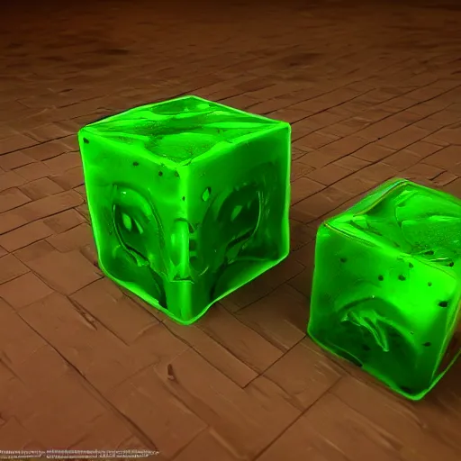 Prompt: a gelatinous cube from dnd, translucent green slime cube, 3d render, unreal engine, volumetric lighting, artstation