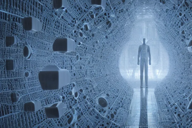 Image similar to a complex organic fractal 3 d ceramic humanoid megastructure, cinematic shot, foggy, photo still from movie by denis villeneuve