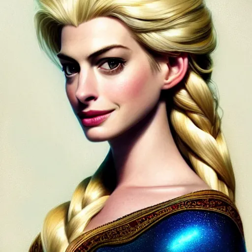 Prompt: Anne Hathaway with blonde hair as Elsa from Frozen, western, D&D, fantasy, intricate, elegant, highly detailed, digital painting, artstation, concept art, matte, sharp focus, illustration, art by Artgerm and Greg Rutkowski and Alphonse Mucha