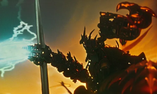 Image similar to gandalf with large mecha arm battling the balrog 3 5 mm photograph