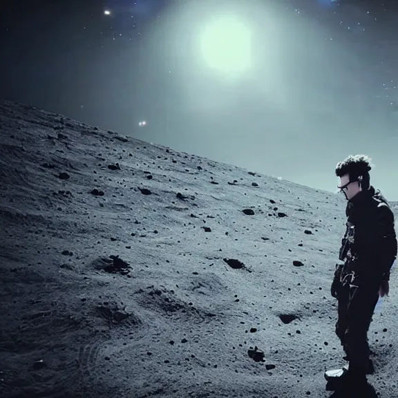 Image similar to dustin bates from starset band doing an epic cinematic pose on the moon, incredibly highly detailed, my demons video, masterpiece