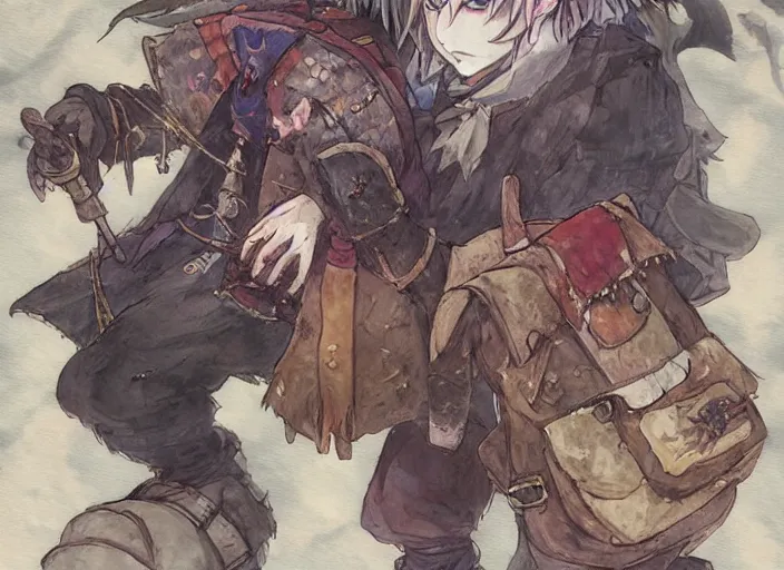 Prompt: JRPG art, a mysterious wandering merchant wearing a large, tall backpack piled high with textiles, furs, and miscellaneous objects, in the style of yoshitaka amano